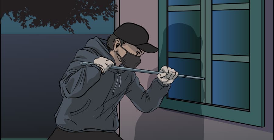 Illustration of burglar forcing entry through a window in San Antonio